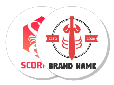 two circular brand logos scorpion theme red color sword estd banner template