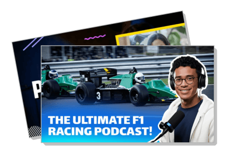 ultimate f1 racing podcast cover with host and formula cars template