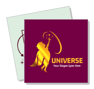universe logo design with golden astronaut illustration on purple background template
