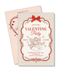 valentine party invitation card with cherub design and elegant red ribbon template