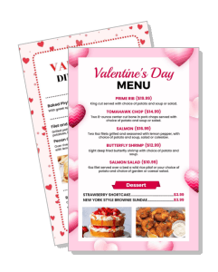 valentines day special menu with desserts prices and dishes template