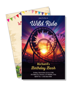 wild ride birthday bash invitation with roller coaster sunset template