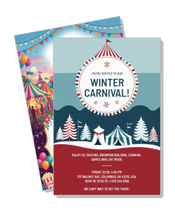 winter carnival invitation card with illustrated carnival tents and trees template