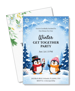 winter get together invitation card penguin theme template