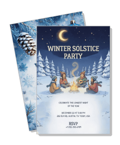 winter solstice party invitation card with people around campfire snowy background template