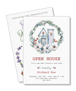 winter themed open house event invitation card watercolor house design template