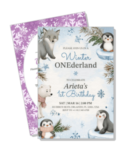 winter wonderland first birthday invitation with cute animals snowflakes template
